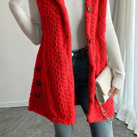 ❤️Cozy Red Button-Up Cardigan Vest - Picture 6 of 12
